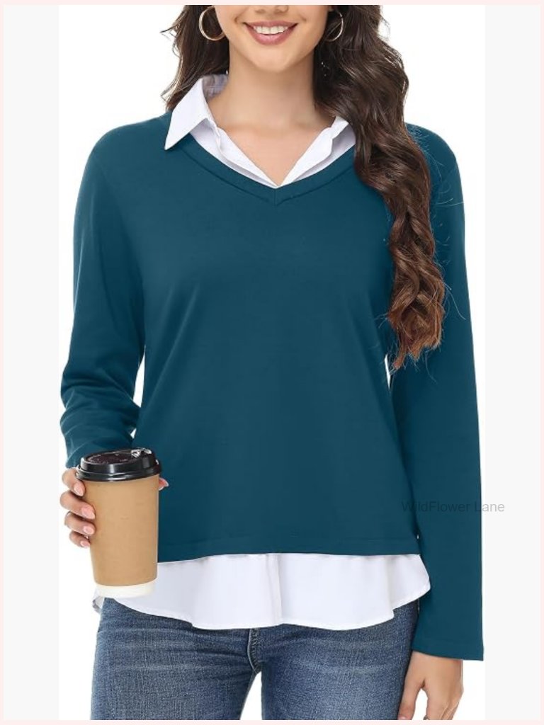 V Neck Long Sleeve Collared Shirt 2 In 1 Tops Lightweight Office Business